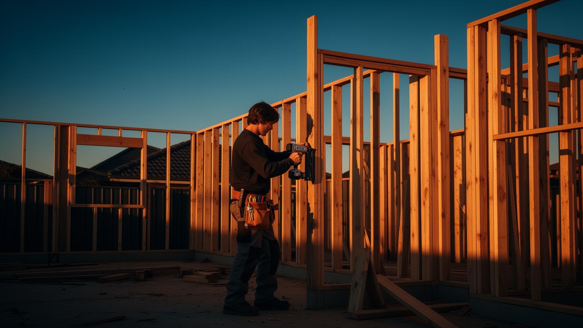 Carpenter framing a Melbourne home at golden hour